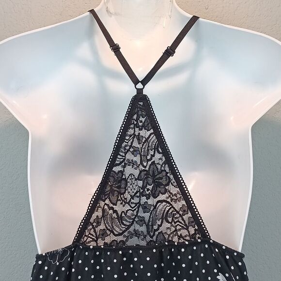 Black and White Polka Dot / Floral Lace V Neck Halter Night Slip Dress Sz L - Picture 7 of 9